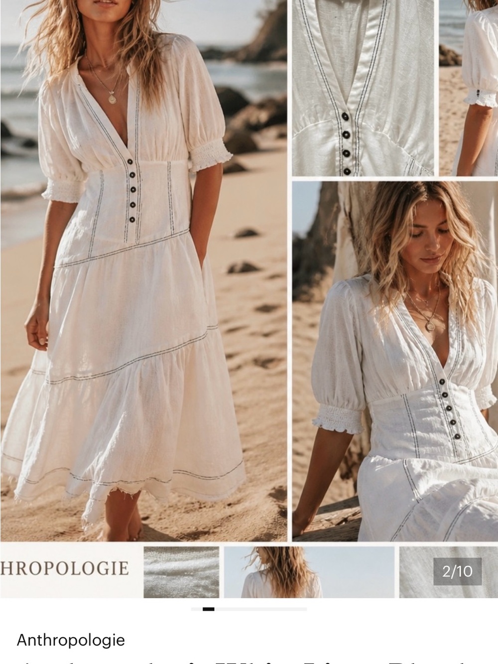 Anthropologie White Tiered Midi Dress with Buttoned Bodice